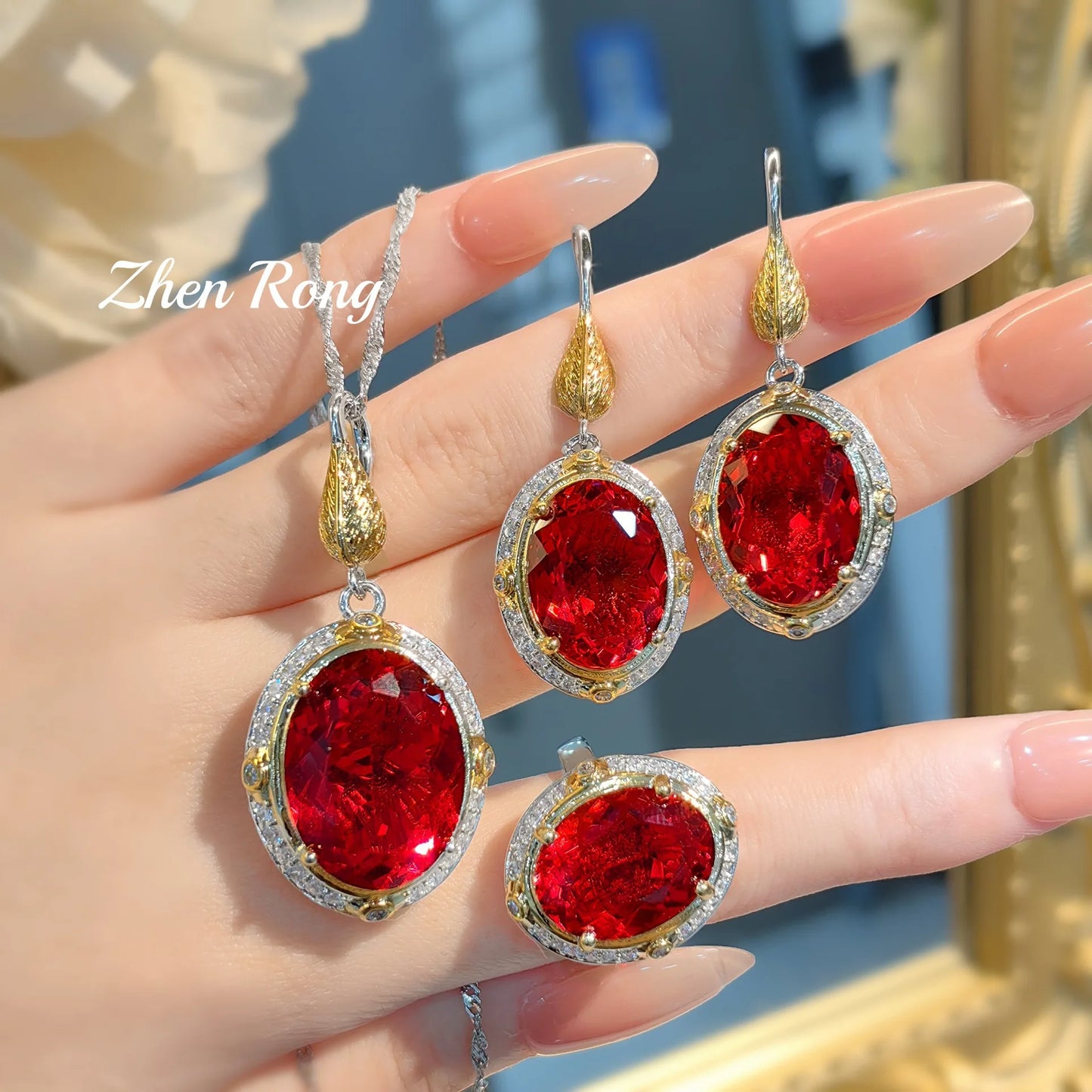 Italian retro court style feather set, brilliant yellow zircon necklace set, red zircon earrings set, zircon ring for women