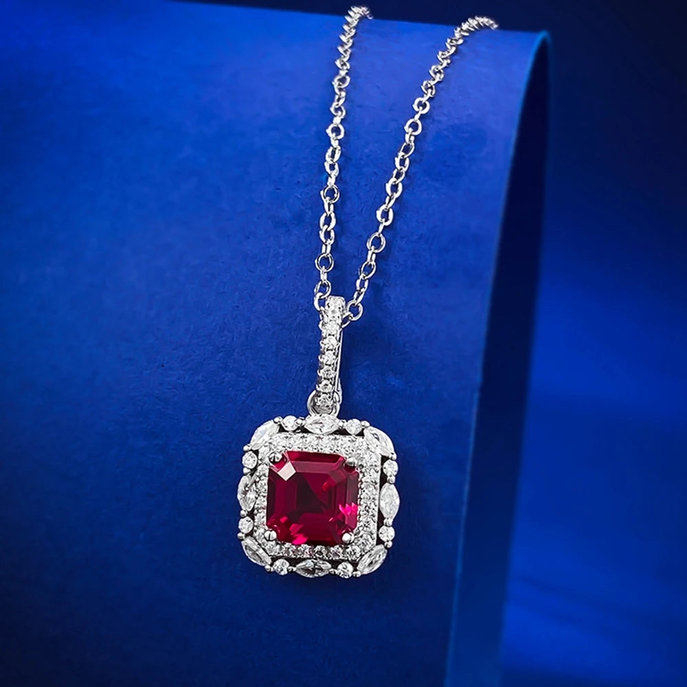 Wong Rain Vintage 100% 925 Sterling Silver Asscher Cut 7*7 MM Ruby High Carbon Diamond Gemstone Pendant Necklace Fine Jewelry