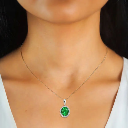 Vintage Round Oval Pear Cut Artificial Emerald Pendant Necklace 925 Silver Luxury Green Gemstone Waterdrop Bar Pendant for Women