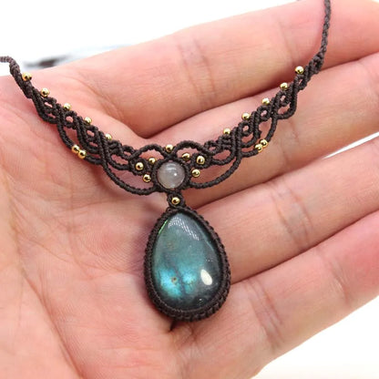 Handmade Rope Braided Macrame Crystal Stone Pendant Necklace For Women Natural Labradorite Weave Adjustable Necklace Jewellery