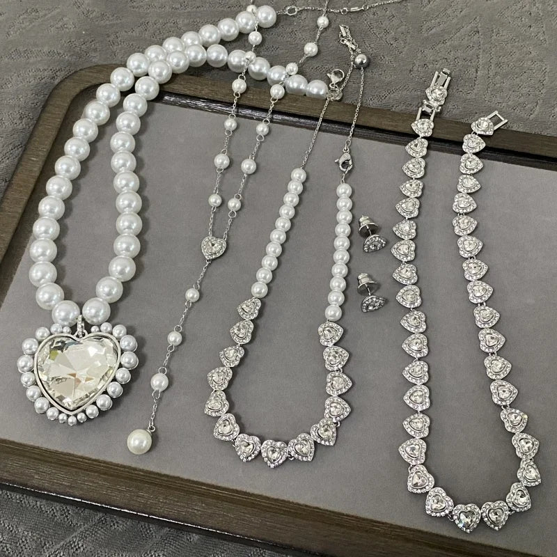 Love pearl necklace, women's light luxury versatile earrings, high-end feeling bracelet jewelry set