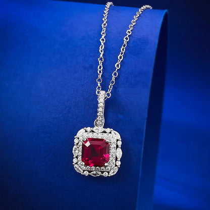 Wong Rain Vintage 100% 925 Sterling Silver Asscher Cut 7*7 MM Ruby High Carbon Diamond Gemstone Pendant Necklace Fine Jewelry