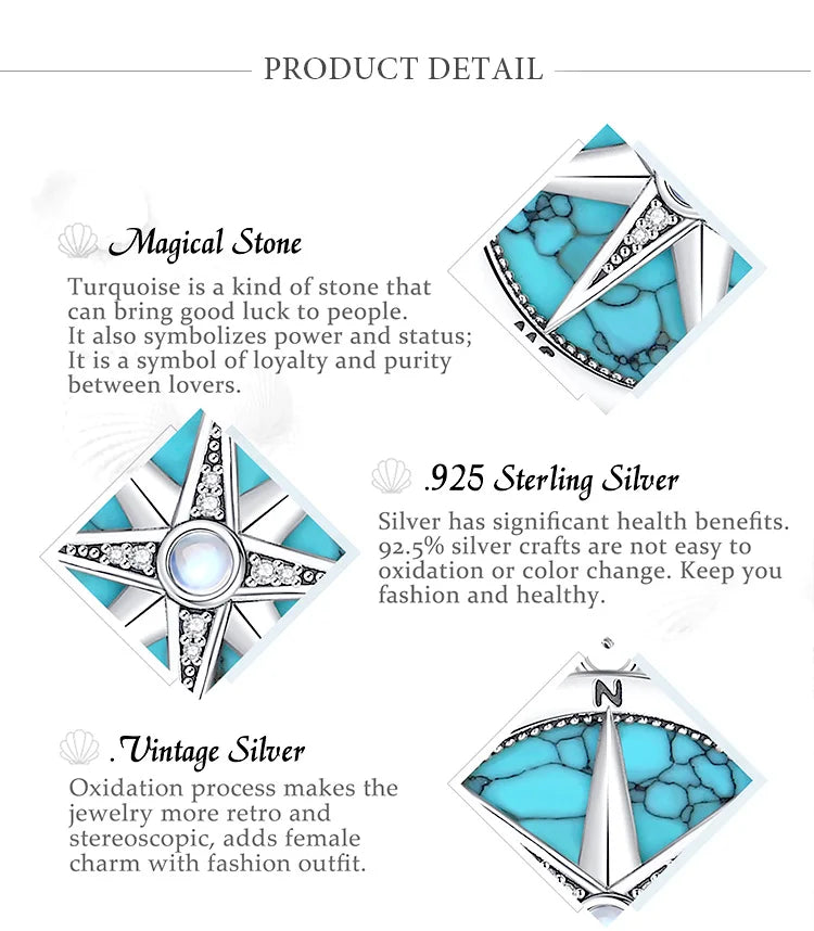 AEONSLOVE 925 Sterling Silver Compass Necklace for Women Men Vintage North Star Turquoise Pendant Nautical Jewelry Travel Gift