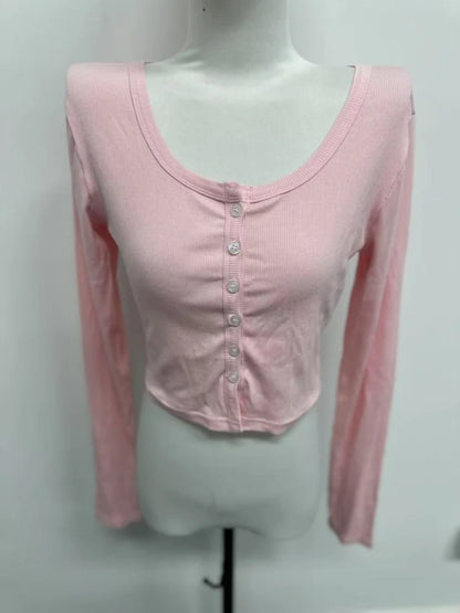 Single Breasted Tshirt Long Sleeve Crop Top Solid Color T Shirts For Women Streetwear Slim Fit Lady Outfit Camisetas Ropa Mujer