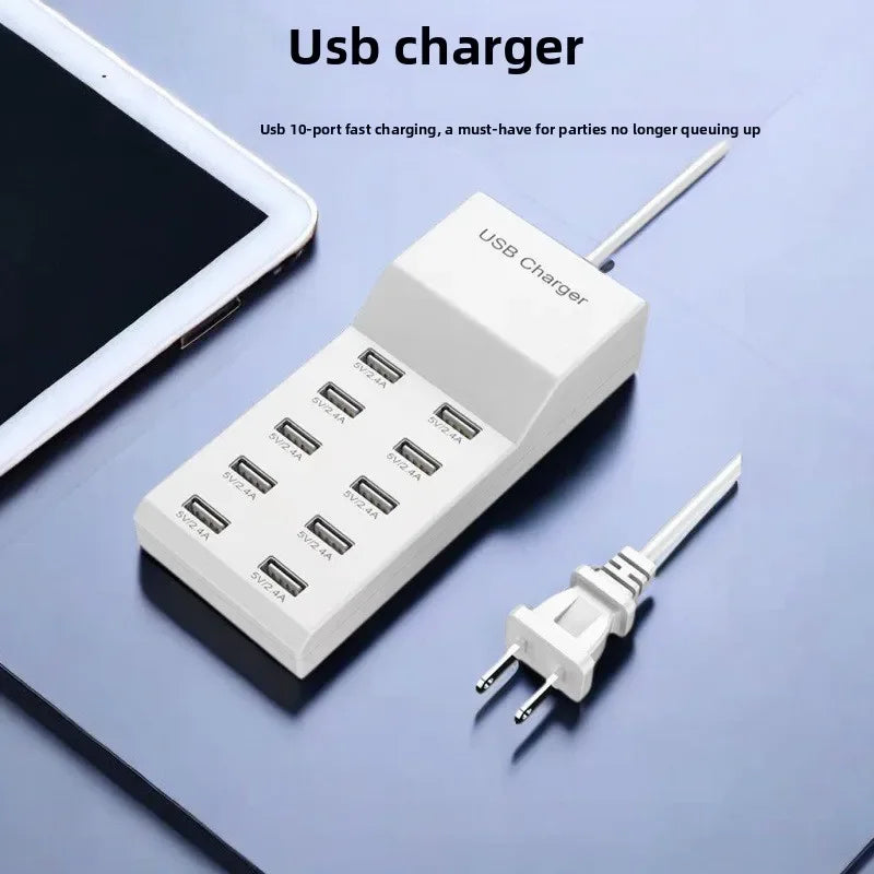 US/EU Smart 10-Port Fast-Charging USB Charger for Mobile Phones Flat Panel Home Office Power Station with Travel Usage Features