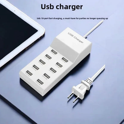 US/EU Smart 10-Port Fast-Charging USB Charger for Mobile Phones Flat Panel Home Office Power Station with Travel Usage Features