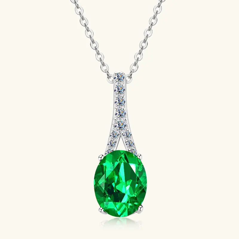 Vintage Round Oval Pear Cut Artificial Emerald Pendant Necklace 925 Silver Luxury Green Gemstone Waterdrop Bar Pendant for Women