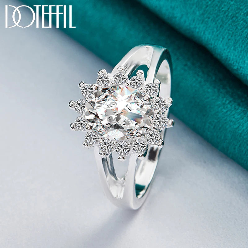 DOTEFFIL 925 Sterling Silver Crystal AAA Zircon Sun Ring For Women Fashion Wedding Engagement Party Gift Charm Jewelry