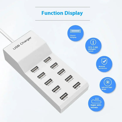 US/EU Smart 10-Port Fast-Charging USB Charger for Mobile Phones Flat Panel Home Office Power Station with Travel Usage Features