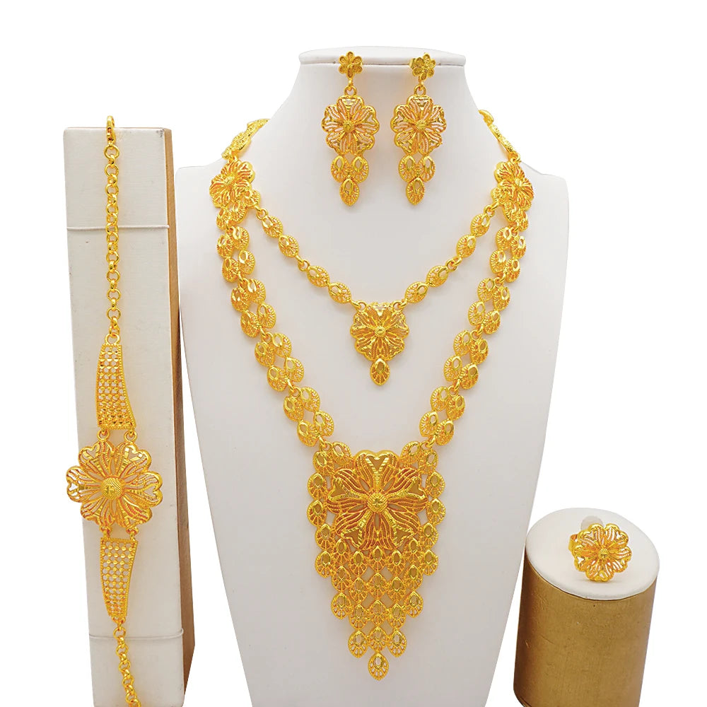 Dubai Women's Jewelry Sets Fashionable Gold Plated Gold Earrings And Necklace Set for Women Girls Wedding Engagement Anniversa