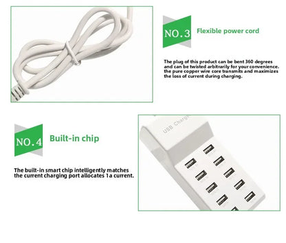 US/EU Smart 10-Port Fast-Charging USB Charger for Mobile Phones Flat Panel Home Office Power Station with Travel Usage Features