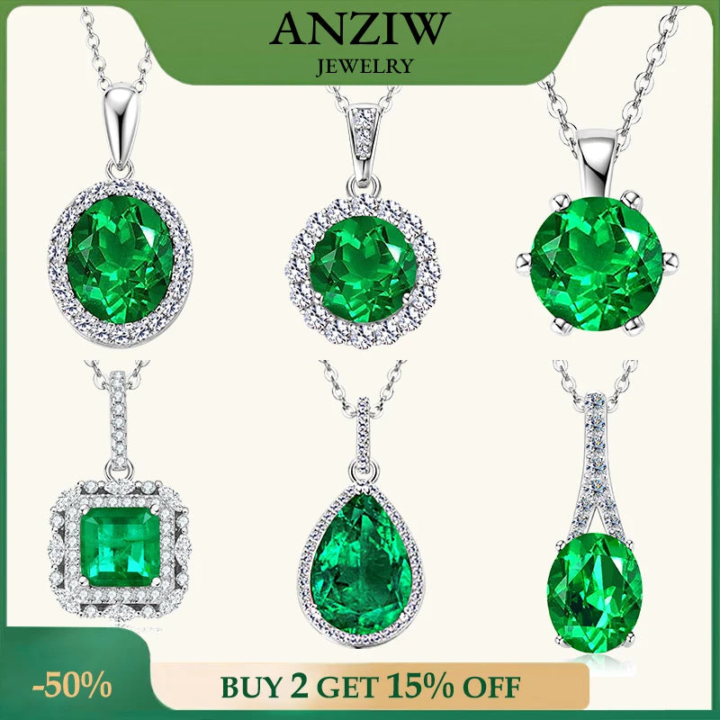 Vintage Round Oval Pear Cut Artificial Emerald Pendant Necklace 925 Silver Luxury Green Gemstone Waterdrop Bar Pendant for Women