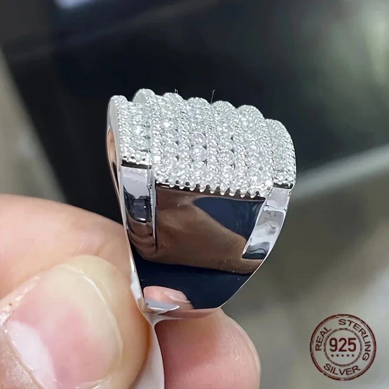 Iced-out Cubic Zirconia 925 Silver Ring for Men Bling Diamond High Quality Hip Hop Rings 14K White Gold Plated Fine Jewelry