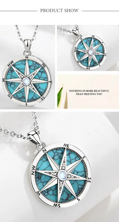 AEONSLOVE 925 Sterling Silver Compass Necklace for Women Men Vintage North Star Turquoise Pendant Nautical Jewelry Travel Gift