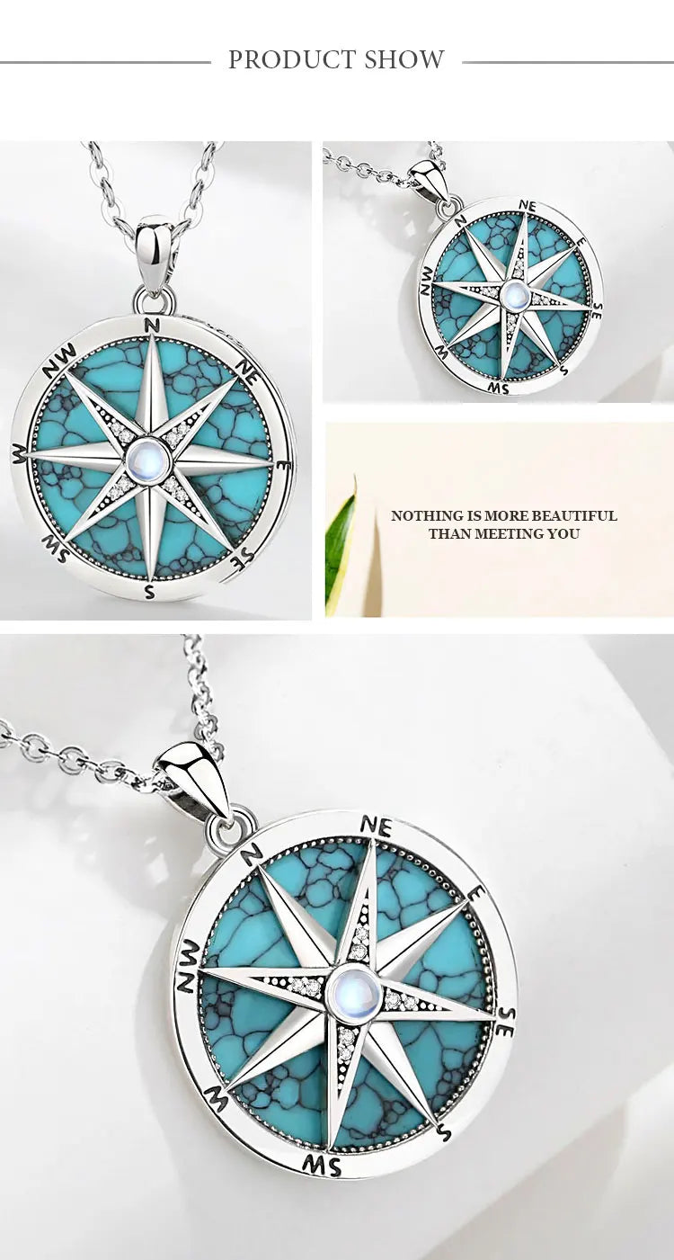 AEONSLOVE 925 Sterling Silver Compass Necklace for Women Men Vintage North Star Turquoise Pendant Nautical Jewelry Travel Gift