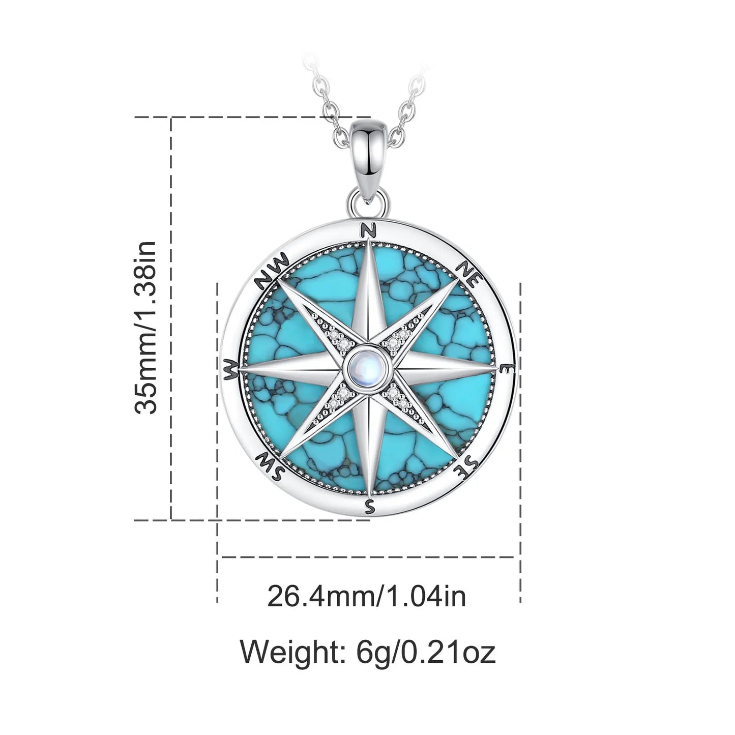 AEONSLOVE 925 Sterling Silver Compass Necklace for Women Men Vintage North Star Turquoise Pendant Nautical Jewelry Travel Gift