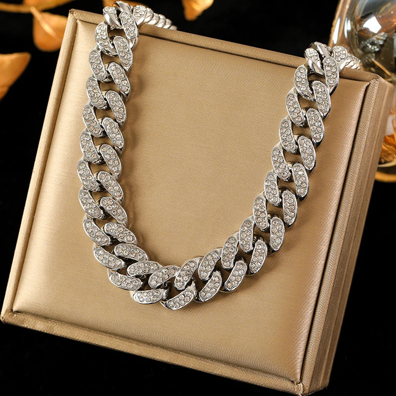 EILIECK Silver Color Cuban Chain Necklace For Women Girl Fashion New Party Gift Thick Neck Chain Waterproof Jewelry Bijoux