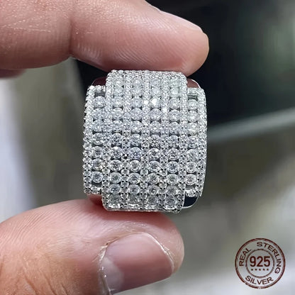 Iced-out Cubic Zirconia 925 Silver Ring for Men Bling Diamond High Quality Hip Hop Rings 14K White Gold Plated Fine Jewelry