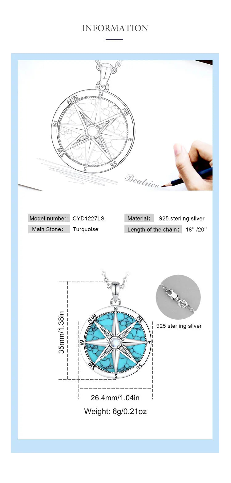 AEONSLOVE 925 Sterling Silver Compass Necklace for Women Men Vintage North Star Turquoise Pendant Nautical Jewelry Travel Gift