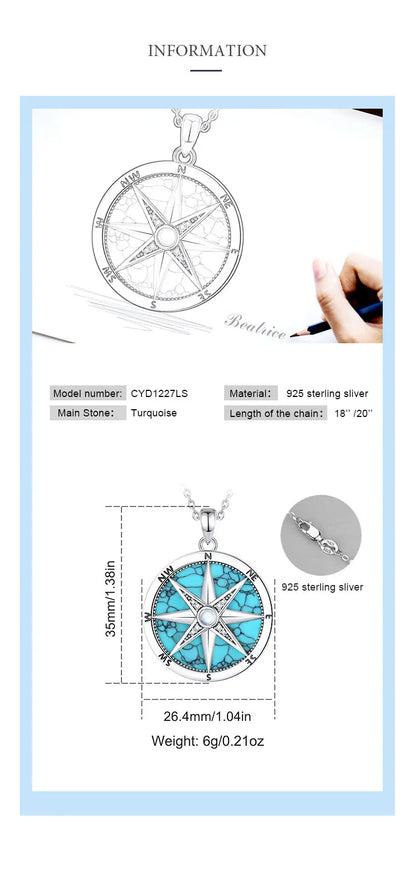 AEONSLOVE 925 Sterling Silver Compass Necklace for Women Men Vintage North Star Turquoise Pendant Nautical Jewelry Travel Gift