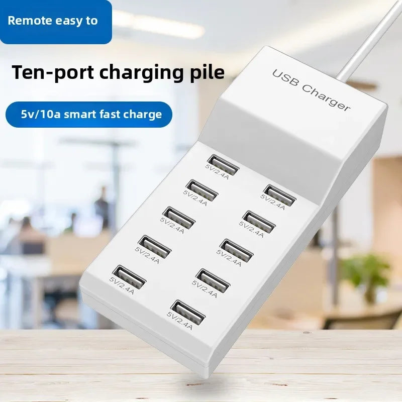 US/EU Smart 10-Port Fast-Charging USB Charger for Mobile Phones Flat Panel Home Office Power Station with Travel Usage Features