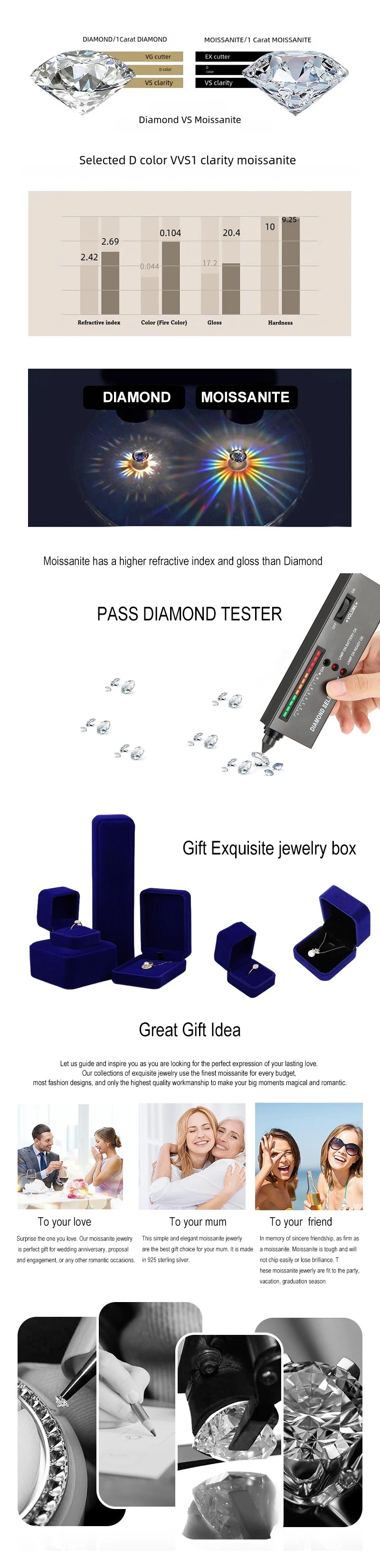 Tezzc 0.5ct 1ct Moissanite Necklace for Women 925 Sterling Silver with Gold Plated Pendant Luxury Necklaces Jewelry Wholesale