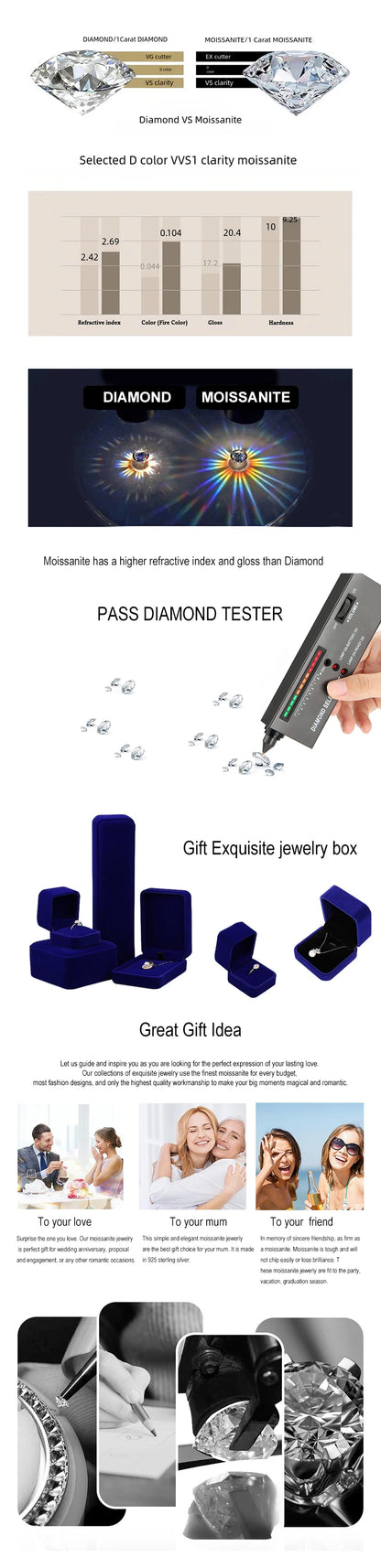 Tezzc 0.5ct 1ct Moissanite Necklace for Women 925 Sterling Silver with Gold Plated Pendant Luxury Necklaces Jewelry Wholesale