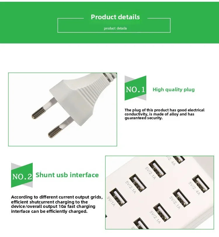 US/EU Smart 10-Port Fast-Charging USB Charger for Mobile Phones Flat Panel Home Office Power Station with Travel Usage Features