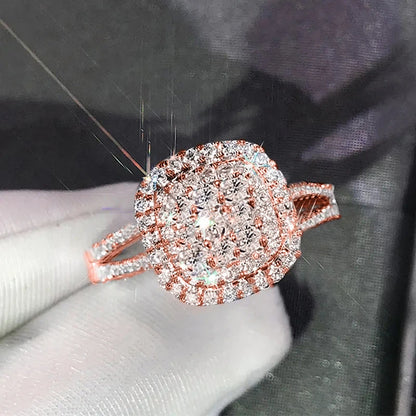 Huitan Luxury Rose Gold Color Finger Ring Female Fashion Wedding Band Shiny Zirconia Accessories Exquisite Engagement Jewelry