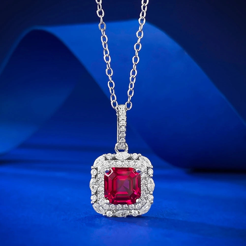 Wong Rain Vintage 100% 925 Sterling Silver Asscher Cut 7*7 MM Ruby High Carbon Diamond Gemstone Pendant Necklace Fine Jewelry