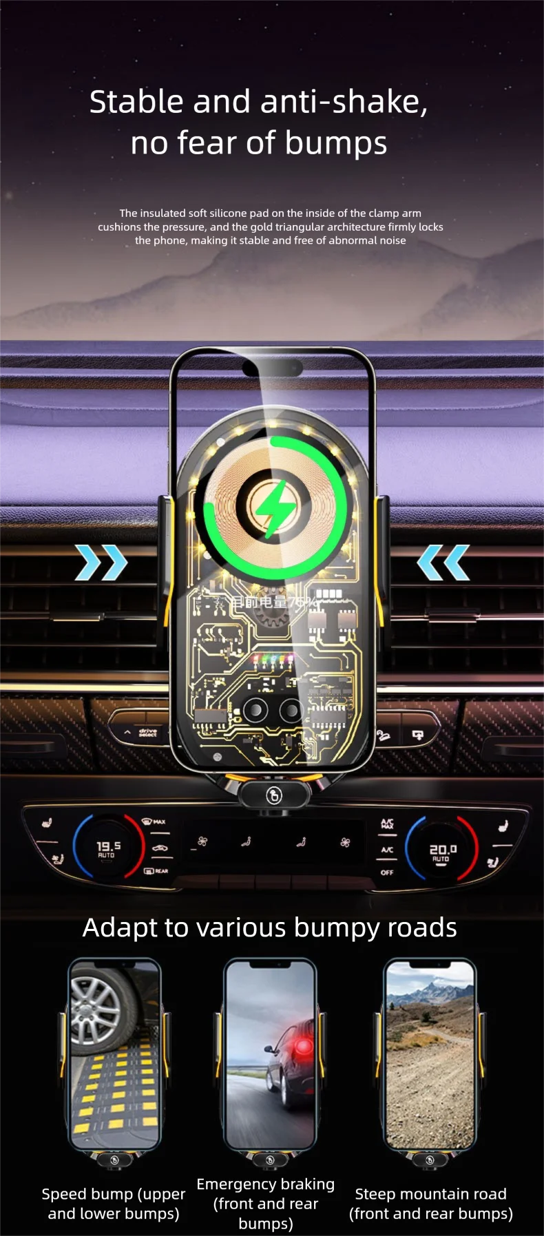 Smart Sensor Car Phone Wireless Charger 15W Fast Charging Auto-Clamping Car Phone Holder For IPhone And All Enable Android