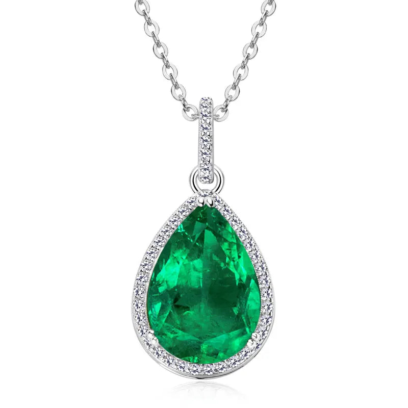 Vintage Round Oval Pear Cut Artificial Emerald Pendant Necklace 925 Silver Luxury Green Gemstone Waterdrop Bar Pendant for Women