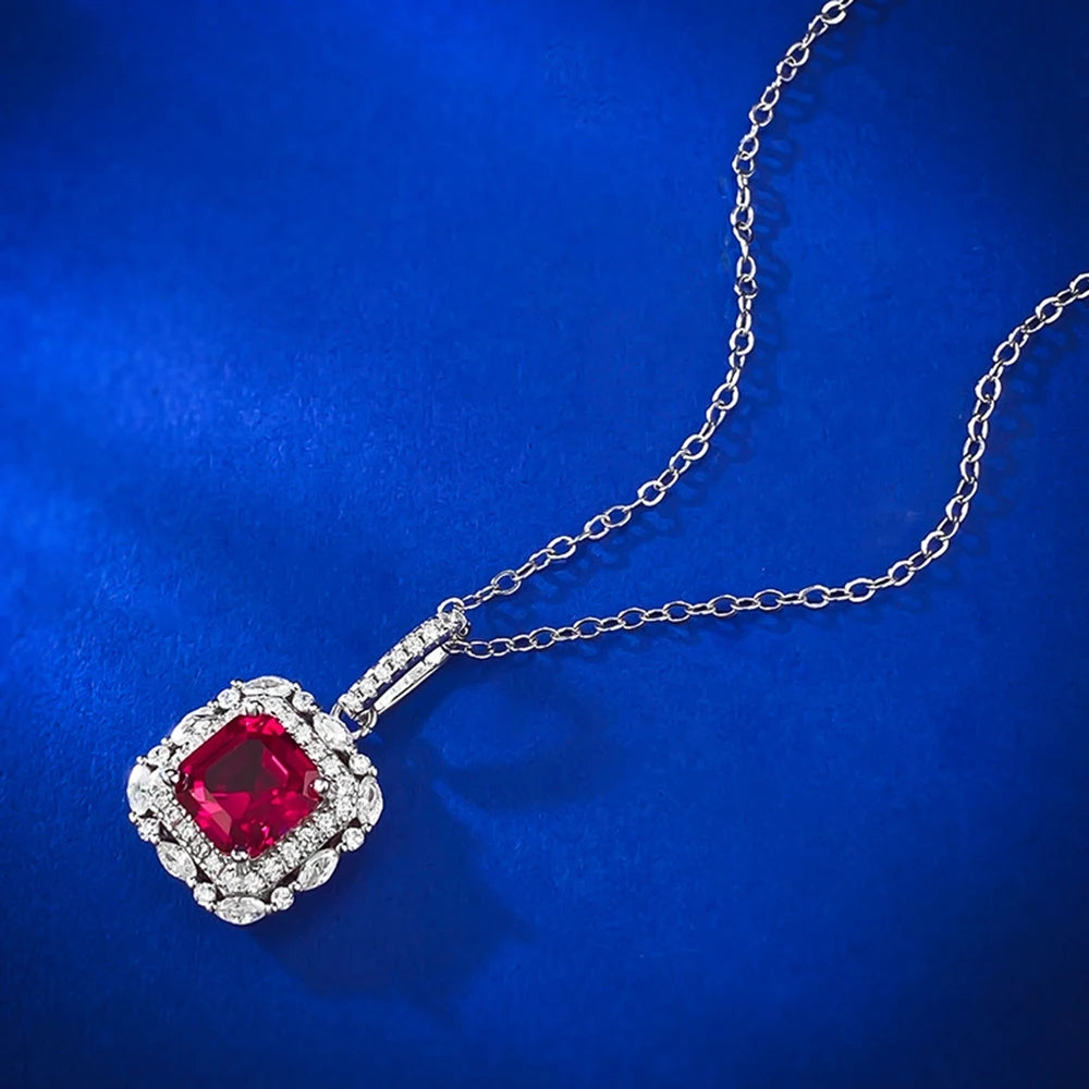 Wong Rain Vintage 100% 925 Sterling Silver Asscher Cut 7*7 MM Ruby High Carbon Diamond Gemstone Pendant Necklace Fine Jewelry