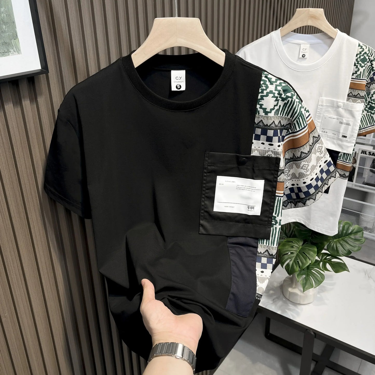 Embroidery T Shirt for Men Striped Man Tee Shirts Top Summer Chic Elastic Original Cheap Clothes Fashion Korean Popular Stylish