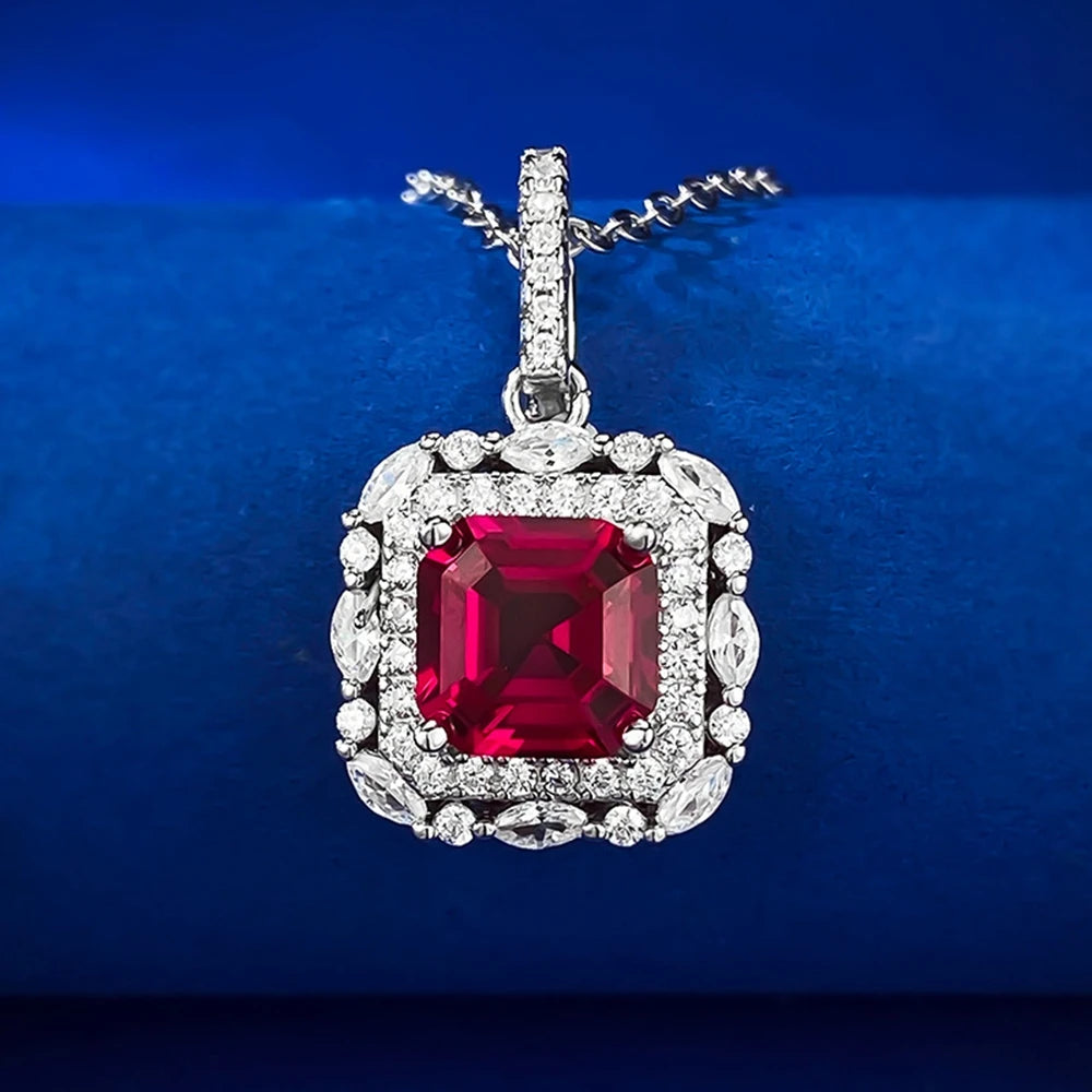 Wong Rain Vintage 100% 925 Sterling Silver Asscher Cut 7*7 MM Ruby High Carbon Diamond Gemstone Pendant Necklace Fine Jewelry