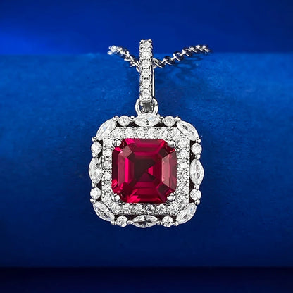 Wong Rain Vintage 100% 925 Sterling Silver Asscher Cut 7*7 MM Ruby High Carbon Diamond Gemstone Pendant Necklace Fine Jewelry