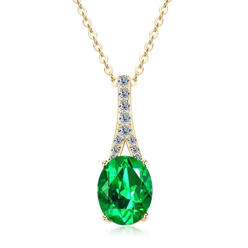 Vintage Round Oval Pear Cut Artificial Emerald Pendant Necklace 925 Silver Luxury Green Gemstone Waterdrop Bar Pendant for Women