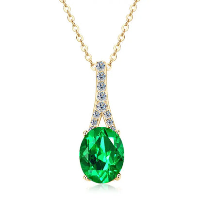 Vintage Round Oval Pear Cut Artificial Emerald Pendant Necklace 925 Silver Luxury Green Gemstone Waterdrop Bar Pendant for Women