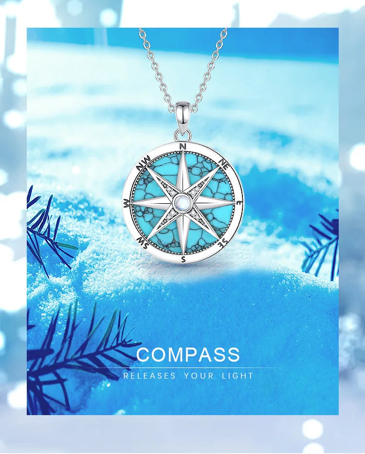 AEONSLOVE 925 Sterling Silver Compass Necklace for Women Men Vintage North Star Turquoise Pendant Nautical Jewelry Travel Gift