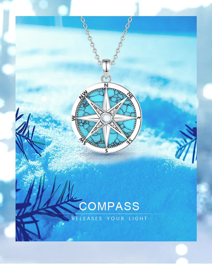 AEONSLOVE 925 Sterling Silver Compass Necklace for Women Men Vintage North Star Turquoise Pendant Nautical Jewelry Travel Gift