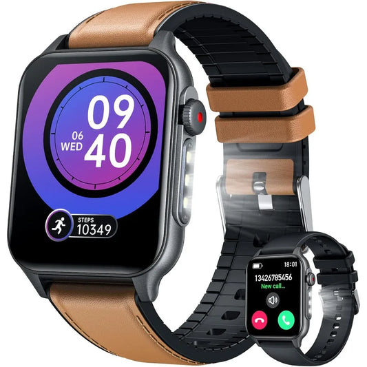 Smart Watch for Men Fitness Tracker: 1.96 Military Smartwatches with Bluetooth Call Three Lights Flashlight Watch Compatible An