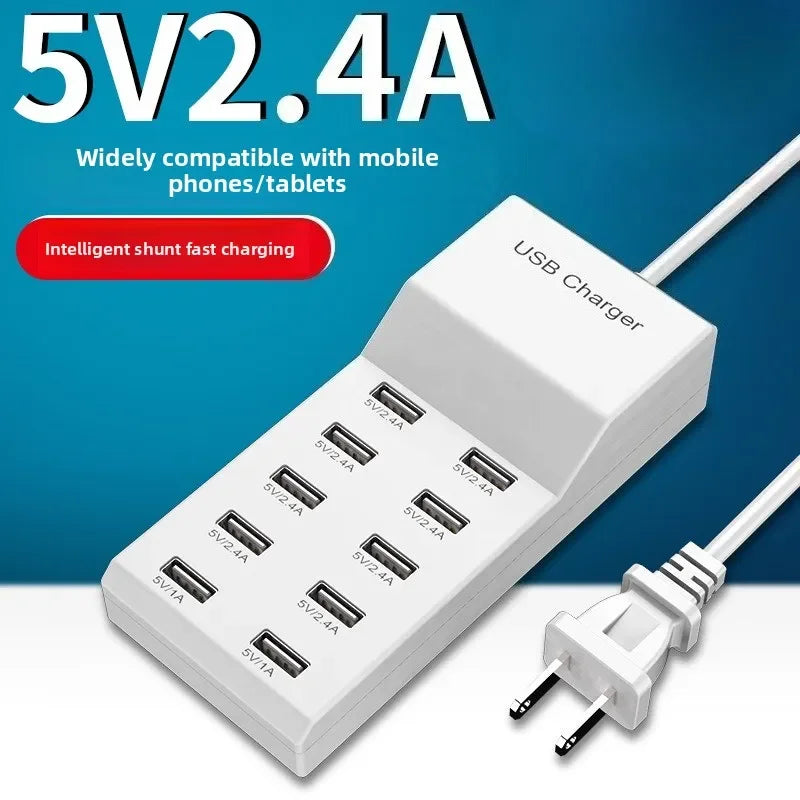 US/EU Smart 10-Port Fast-Charging USB Charger for Mobile Phones Flat Panel Home Office Power Station with Travel Usage Features