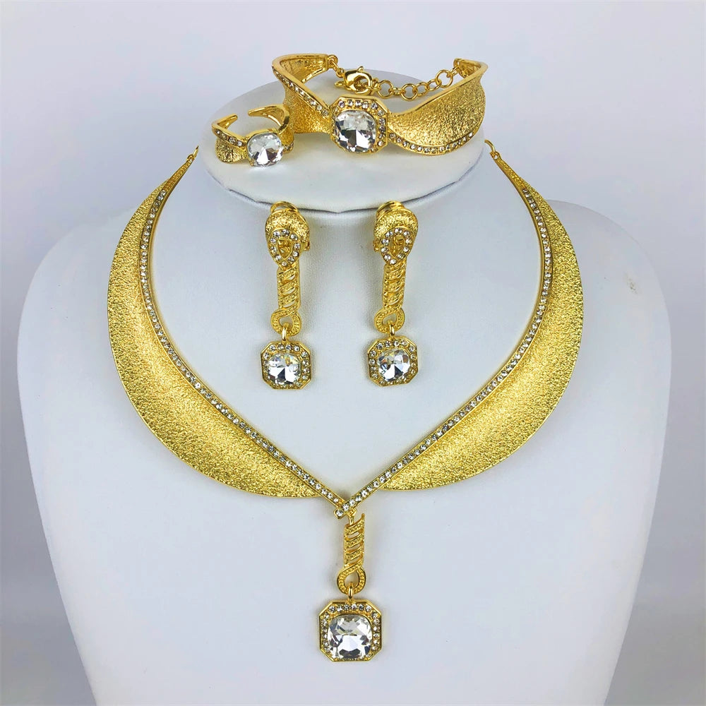 ESALE Two Tone Jewelry Set Gold Plated Big Pendant Necklace Bracelet Water Drop Earring Ring For Women Wedding Gifts 2025 New