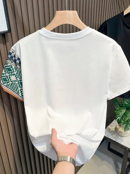 Embroidery T Shirt for Men Striped Man Tee Shirts Top Summer Chic Elastic Original Cheap Clothes Fashion Korean Popular Stylish