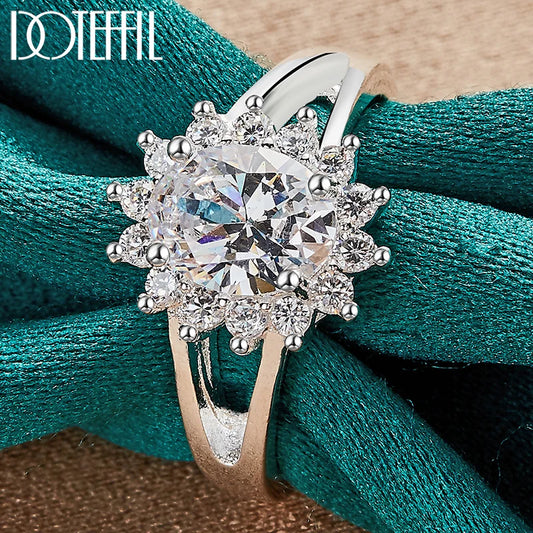 DOTEFFIL 925 Sterling Silver Crystal AAA Zircon Sun Ring For Women Fashion Wedding Engagement Party Gift Charm Jewelry