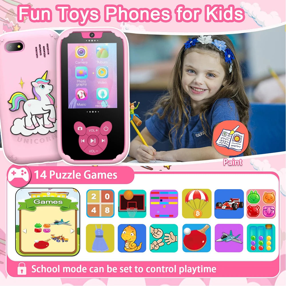Kids Smart Phone Educational Toys Dual Camera Music Player Baby Phone With 8G Memro Game Learning for Age 3-12 Brithday Gifts