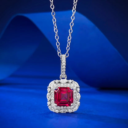 Wong Rain Vintage 100% 925 Sterling Silver Asscher Cut 7*7 MM Ruby High Carbon Diamond Gemstone Pendant Necklace Fine Jewelry