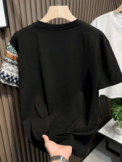 Embroidery T Shirt for Men Striped Man Tee Shirts Top Summer Chic Elastic Original Cheap Clothes Fashion Korean Popular Stylish