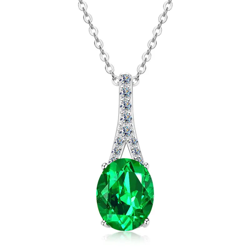Vintage Round Oval Pear Cut Artificial Emerald Pendant Necklace 925 Silver Luxury Green Gemstone Waterdrop Bar Pendant for Women