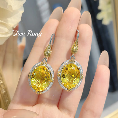 Italian retro court style feather set, brilliant yellow zircon necklace set, red zircon earrings set, zircon ring for women